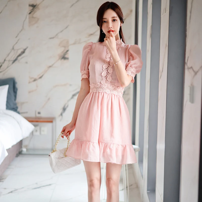 

2022 Women's Summer New High-end Temperament Korean Stand Collar Short Sleeve Waist Stitching Fashion Ruffle Holiday Dress