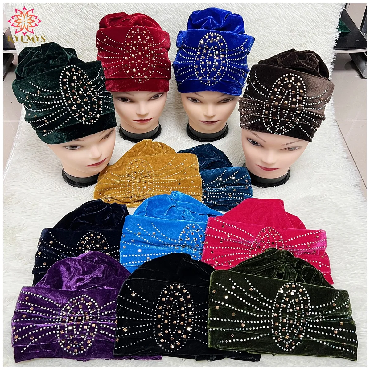 

12pcs Latest Fashion Muslim Female Turban Hat Bonnet Elastic FabricHot Rhinestone Solid Indian Beanie Hair Bonnets Cap For Women