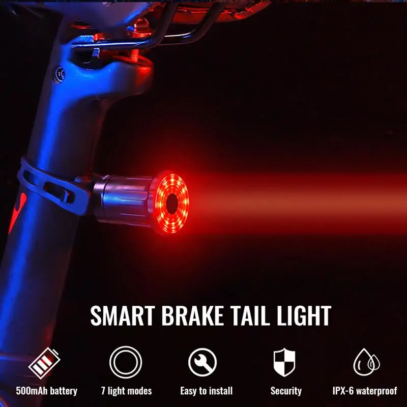 

Умный задний фонарь для велосипеда, стоп-сигнал с датчиком торможения и автоматическим запуском, влагозащита IPx6, зарядка через USB, задний фо...