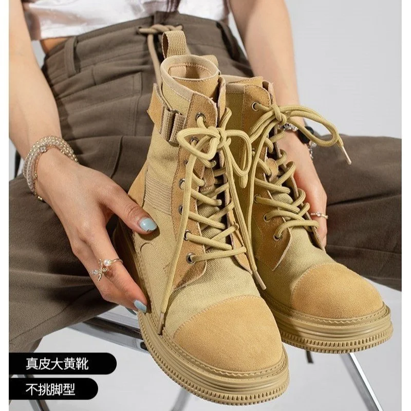 

Beige Combat Boots For Women Platform Motorcycle Boots 2022 New Fashion Lace Up PU Leather Short Ankle Boots Female Designer