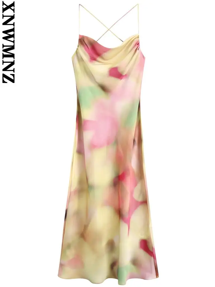 

XNWMNZ party dress Women fashion french with bow tie-dye print midi camisole dress vintage backless thin straps female dresses
