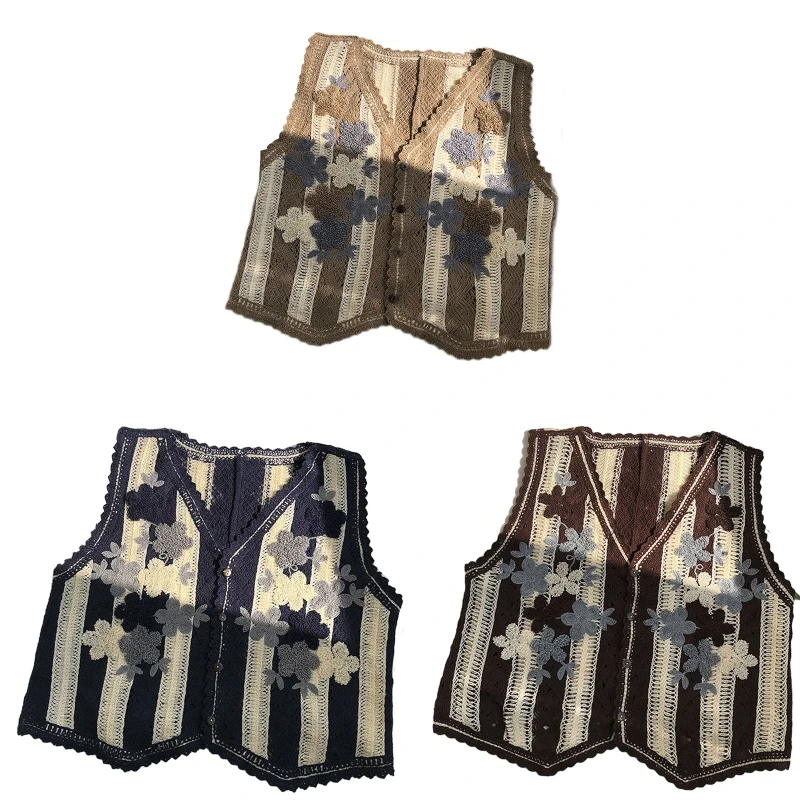 

New style Women Spring Knitted Sleeveless Sweater Vest Waistcoat Contrast Color Striped Embroidery Floral Cardigan V-Neck Button