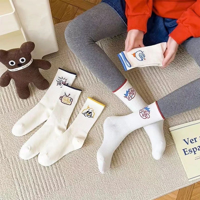 3 Pairs/Box Cute Cartoon Mouse Stockings Cotton Harajuku Soft White Simple Skateboard Long Funny Gifts for Men Women Socks Pack