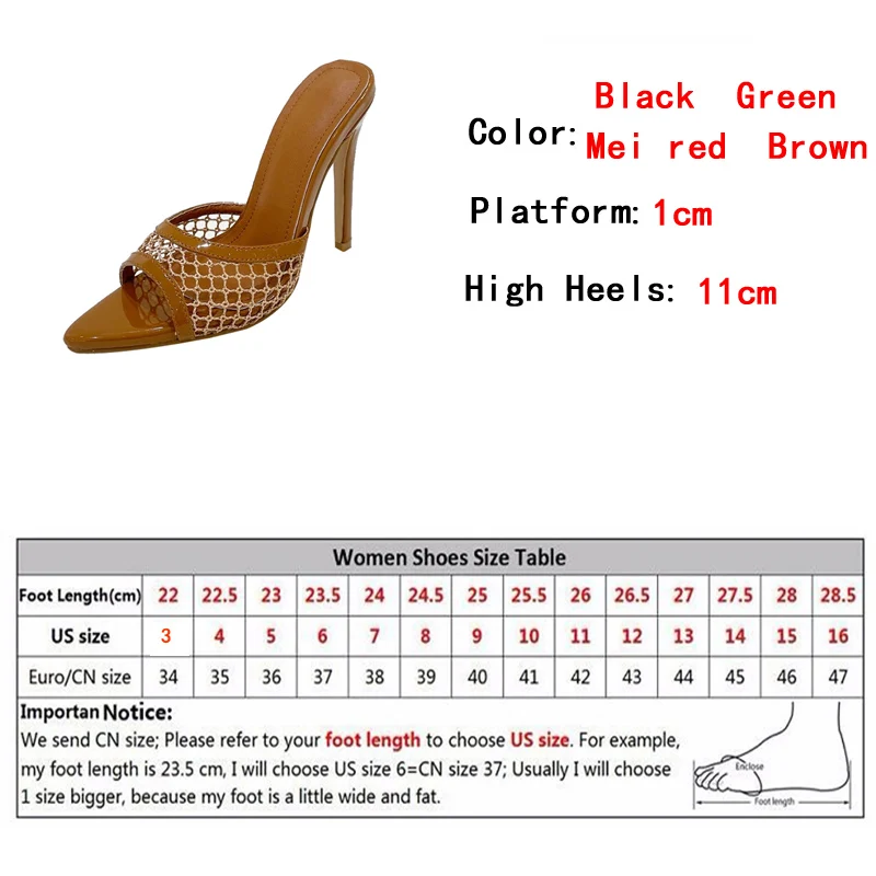 New Sexy Pointed Toe Thin High Heels Pumps Green Mesh Slippers Summer Fashion Slip On Slides Women Mules Party Shoes Sandals