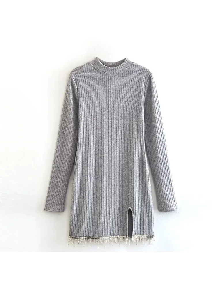 

Женское трикотажное платье BM & MD & ZA, модное винтажное платье с длинным рукавом, украшенное бижутерией, 7901838