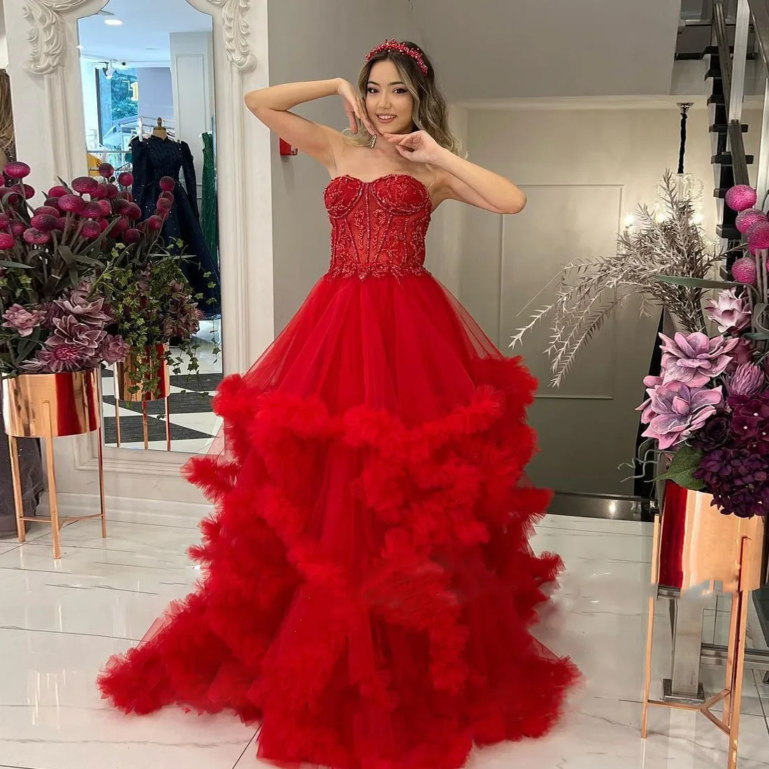 

Новинка, платья от кутюр для выпускного вечера с бисером, фатиновое платье с оборками, длинное женское платье без рукавов с аппликацией и открытыми плечами