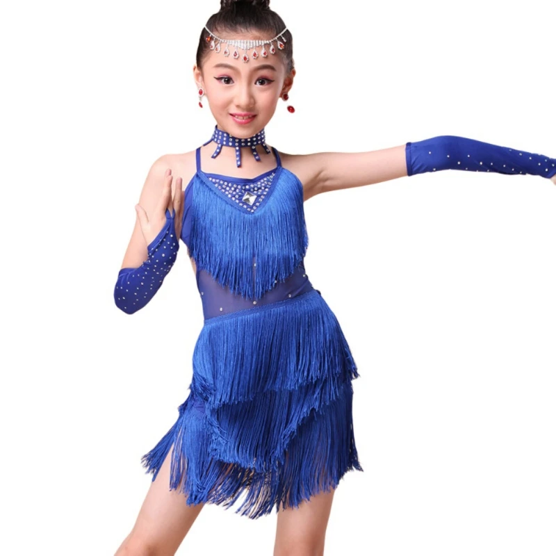 

Girls Dance Dress Kids Tango Skirt Carnival Wear Dancewear Outfits Latin Salsa Costumes Tassel Dancing Dress