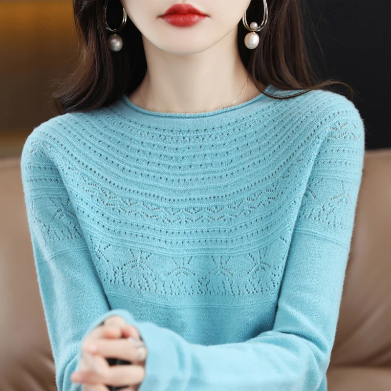 

One-line Ready-to-Wear Autumn And Winter Crewneck Sweater Female Solid Color Hollowed Out Roll-upLoose all-Match KnittedLeggin
