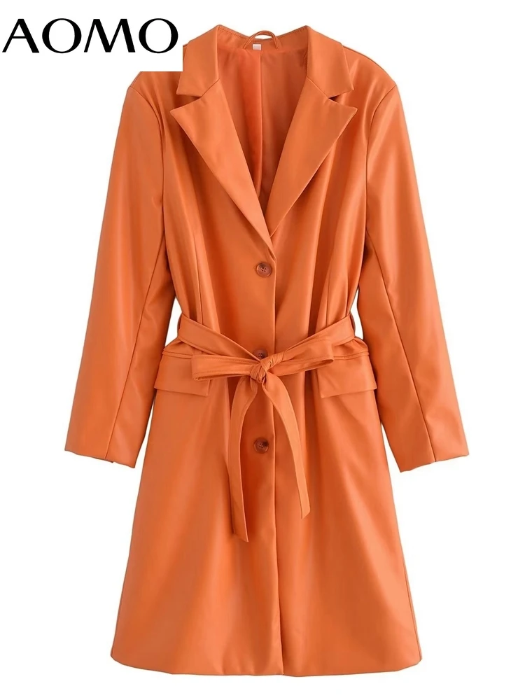 

AOMO Women Orange Faux Leather Trench Coat with Belt 2022 Autumn Elegant Female Outwear Windbreak QN94A