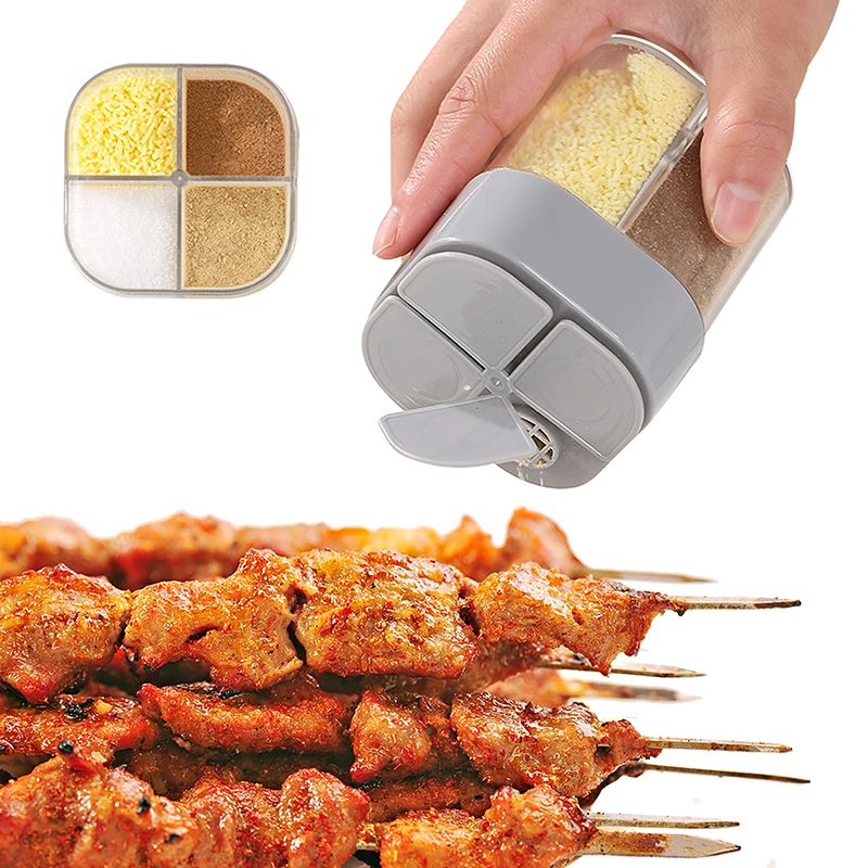 

4 In 1 Camping Seasoning Jar With Lids Transparent Spice Dispenser 4 Compartment For Outdoor Cooking BBQ Salt And Pepper Shaker