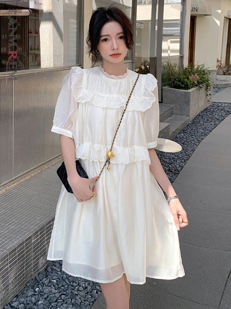 

LANMREM элегантное женское платье для женщин с круглым вырезом и короткими рукавами, Дизайнерские однотонные платья в стиле пэчворк, женская о...