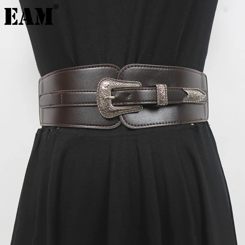 

[EAM] Pu Leather Black Buckle Long Elastic Wide Belt Personality Women New Fashion Tide All-match Spring Autumn 2022 1DE4775