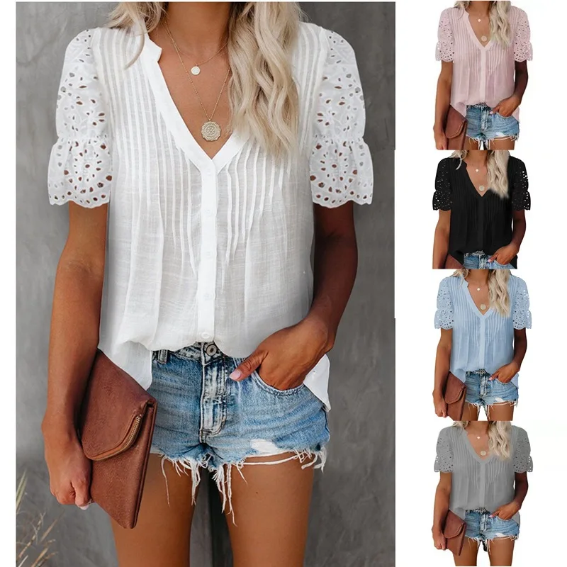 

2023 Summer New Casual Hundred Tops Women's T-shirt Solid Color V-neck Pleated Lace Splicing Short-sleeved Shirt