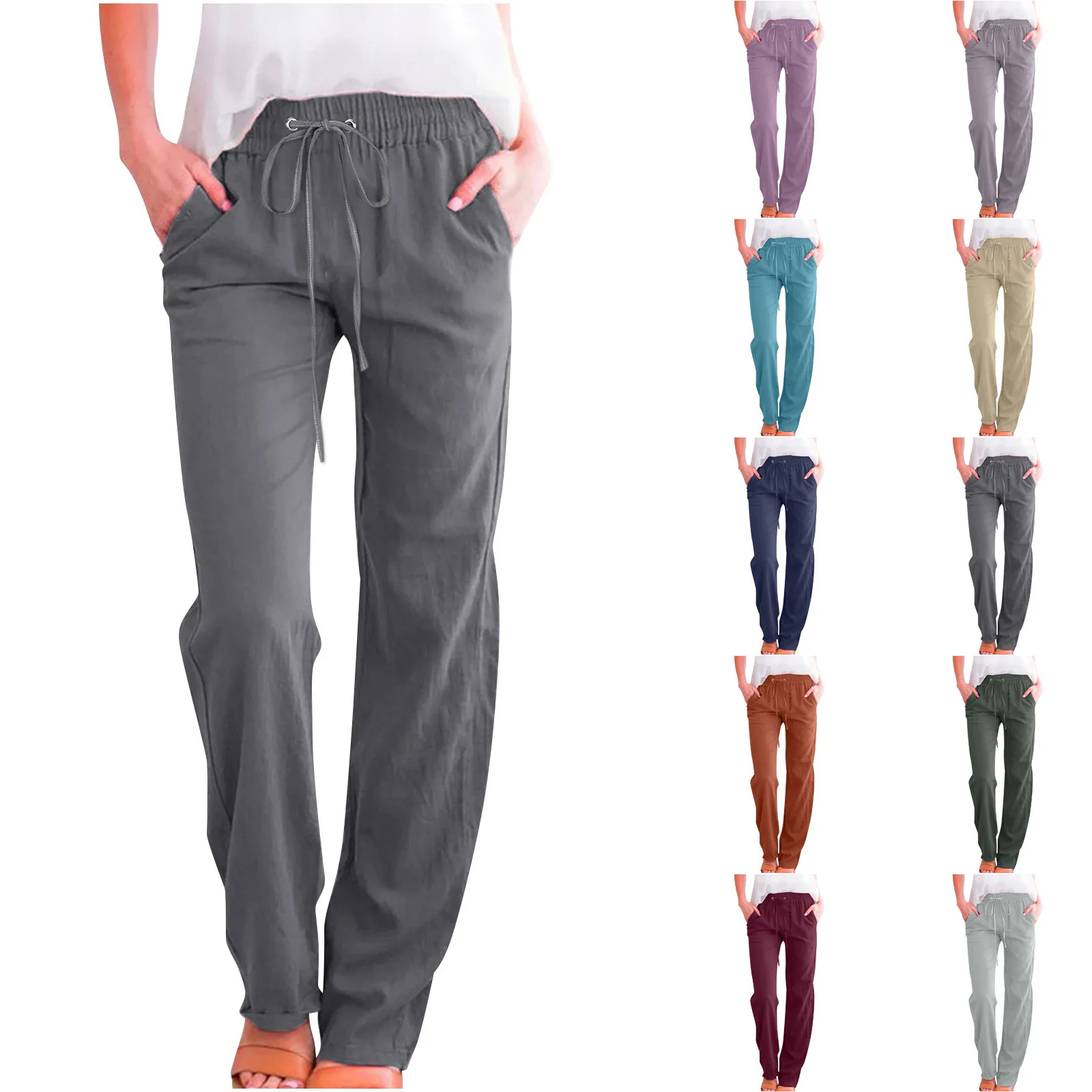2023 new autumn Summer Women's Cotton Linen Drawstring Loose Wide-Leg Pants Hot Sale Long Trousers With Pocket