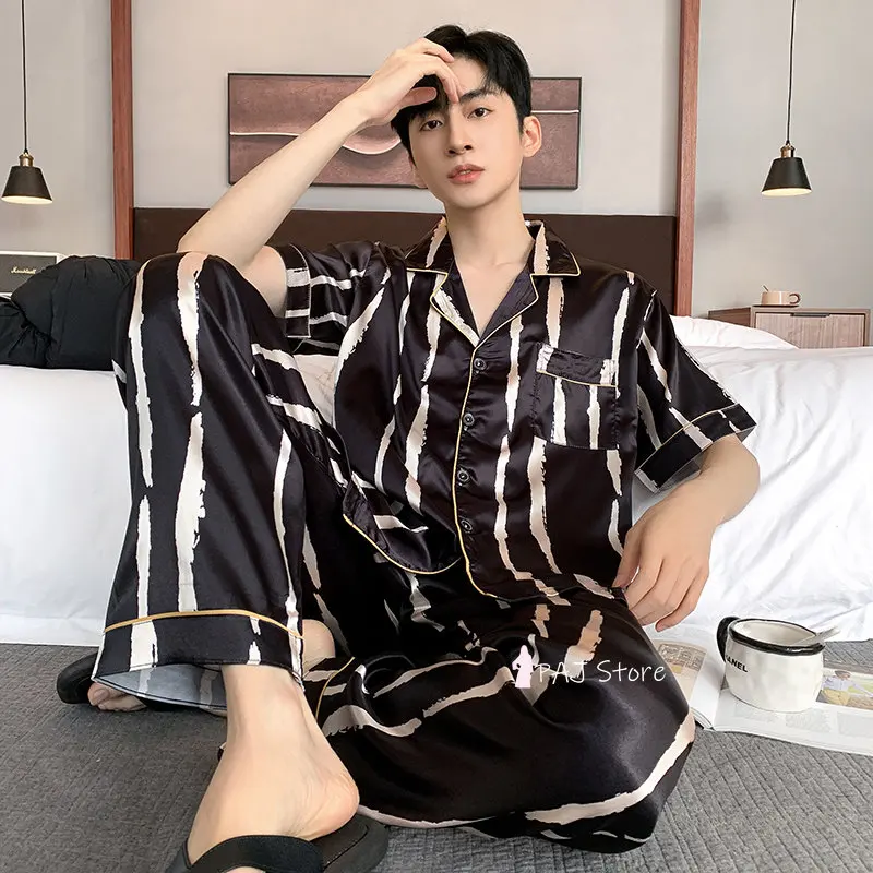 Men Sleepwear Silk Satin Pijama Set Pajama Sets Short Sleeve Sleep Home Clothes Man 2 Pieces Sets Home Suits Pyjamas L-5XL