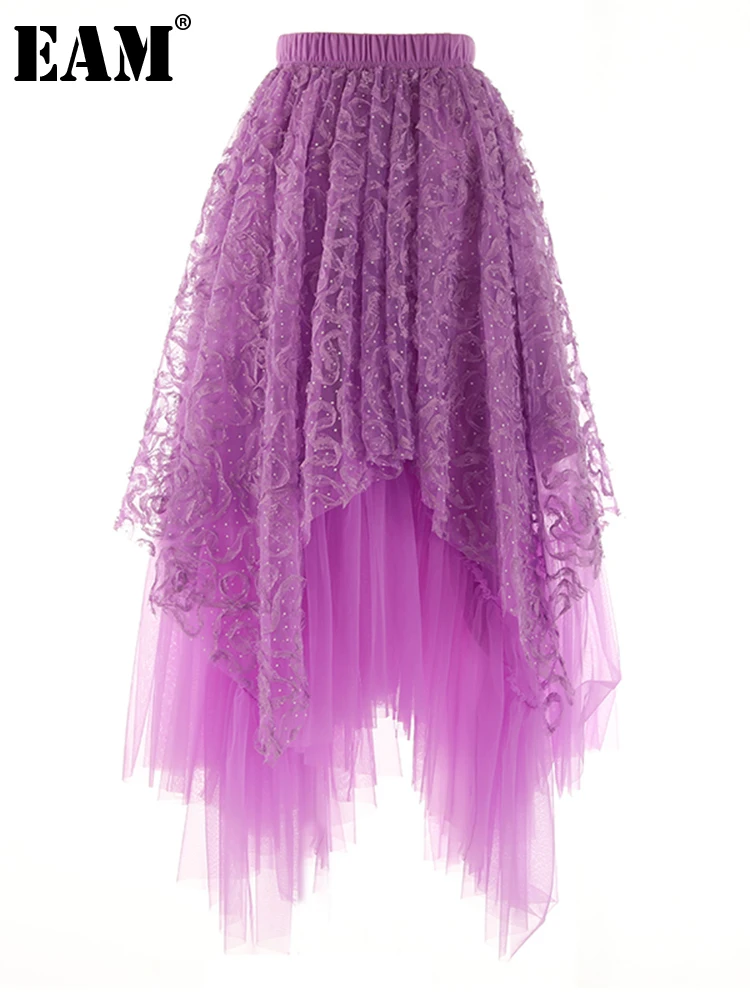 

[EAM] фиолетовая Асимметричная юбка с высокой эластичной талией, сетчатая юбка с оборками для отдыха, женская модная юбка, новинка, весна-осен...