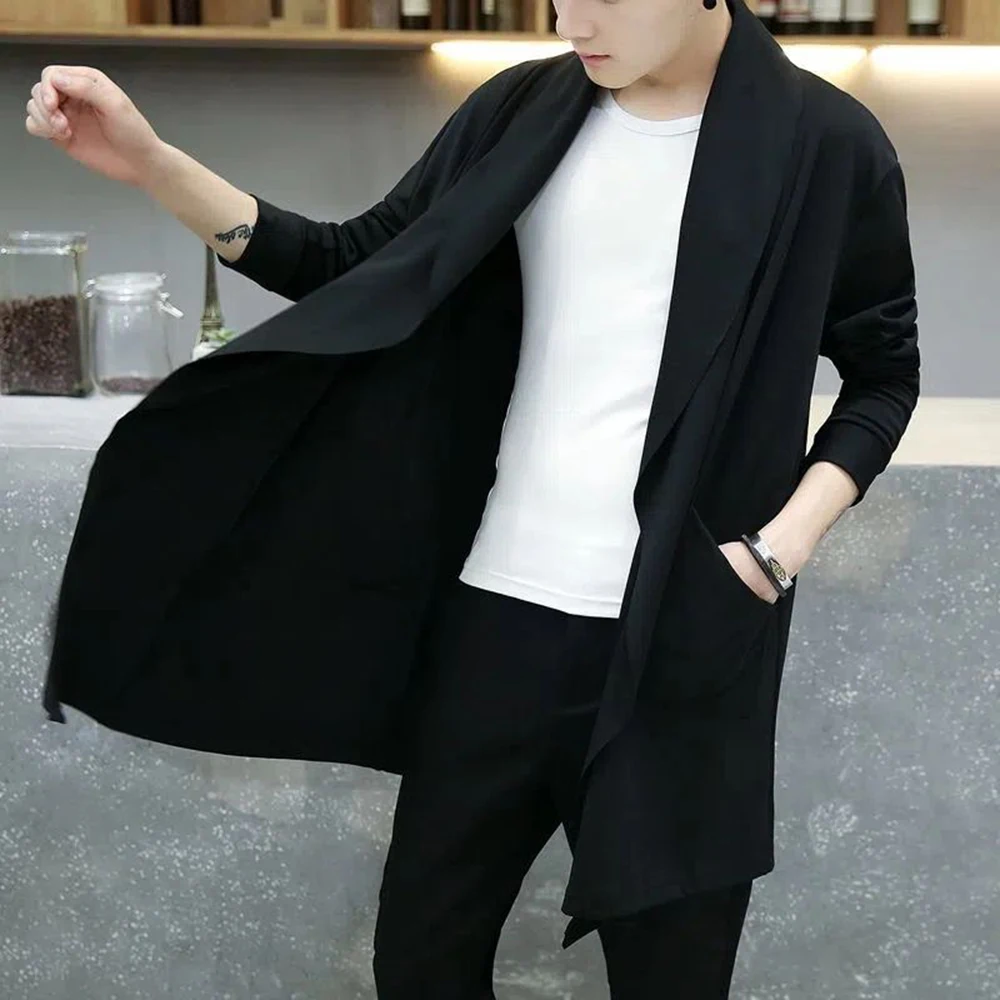 

Тренч-накидка в Корейском стиле, уличная одежда, длинный кардиган, повседневное пальто в стиле хоп, Мужская накидка с капюшоном в стиле панк, хип-плащ, осень