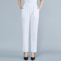 summer straight pants vintage middle aged women solid color thin loose ankle length trousers elastic waist casual white pants
