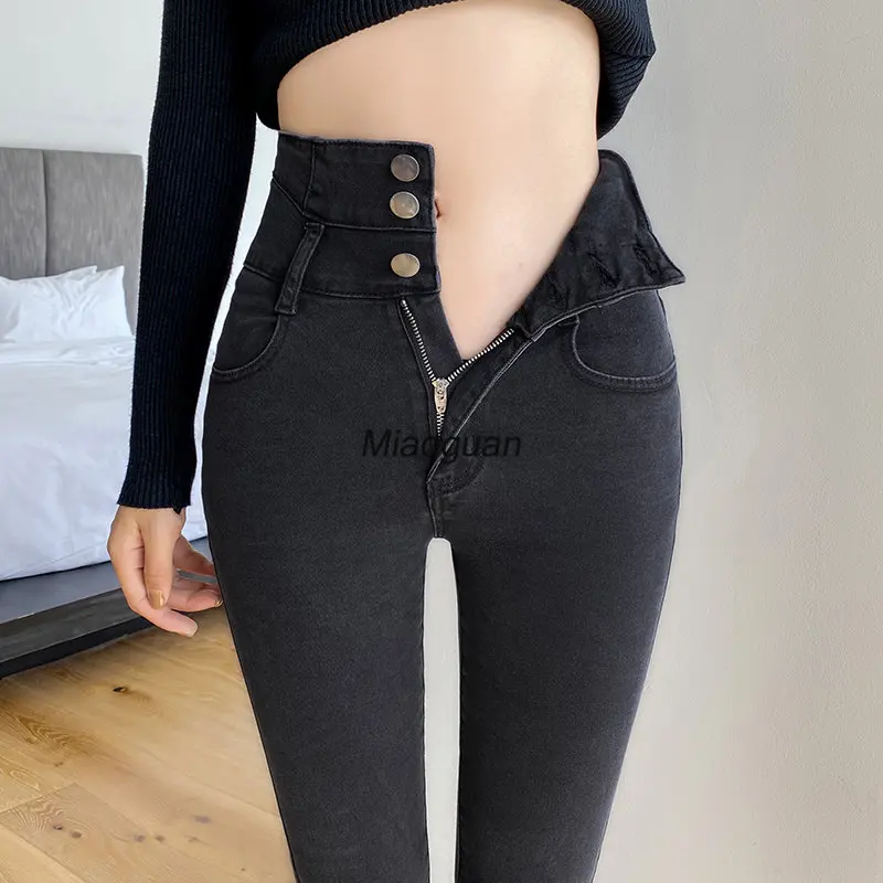 

High Waist Jeans Women's Feet Pants Spring Autumn new Black Gray Korean Fashion Stretch Slim Skinny Pencil Denim Trousers Female