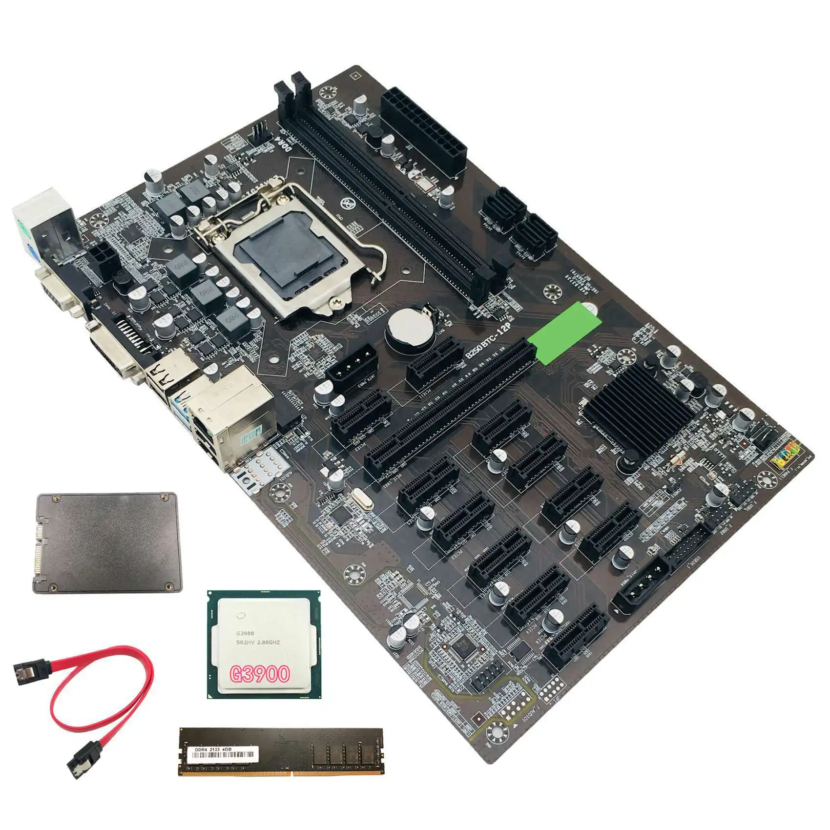 

Материнская плата для майнинга B250 BTC с ЦП G3900 + SSD 120G + DDR4 4 Гб 2133 МГц ОЗУ + кабель SATA LGA 1151 12 слотов для карты для майнинга BTC
