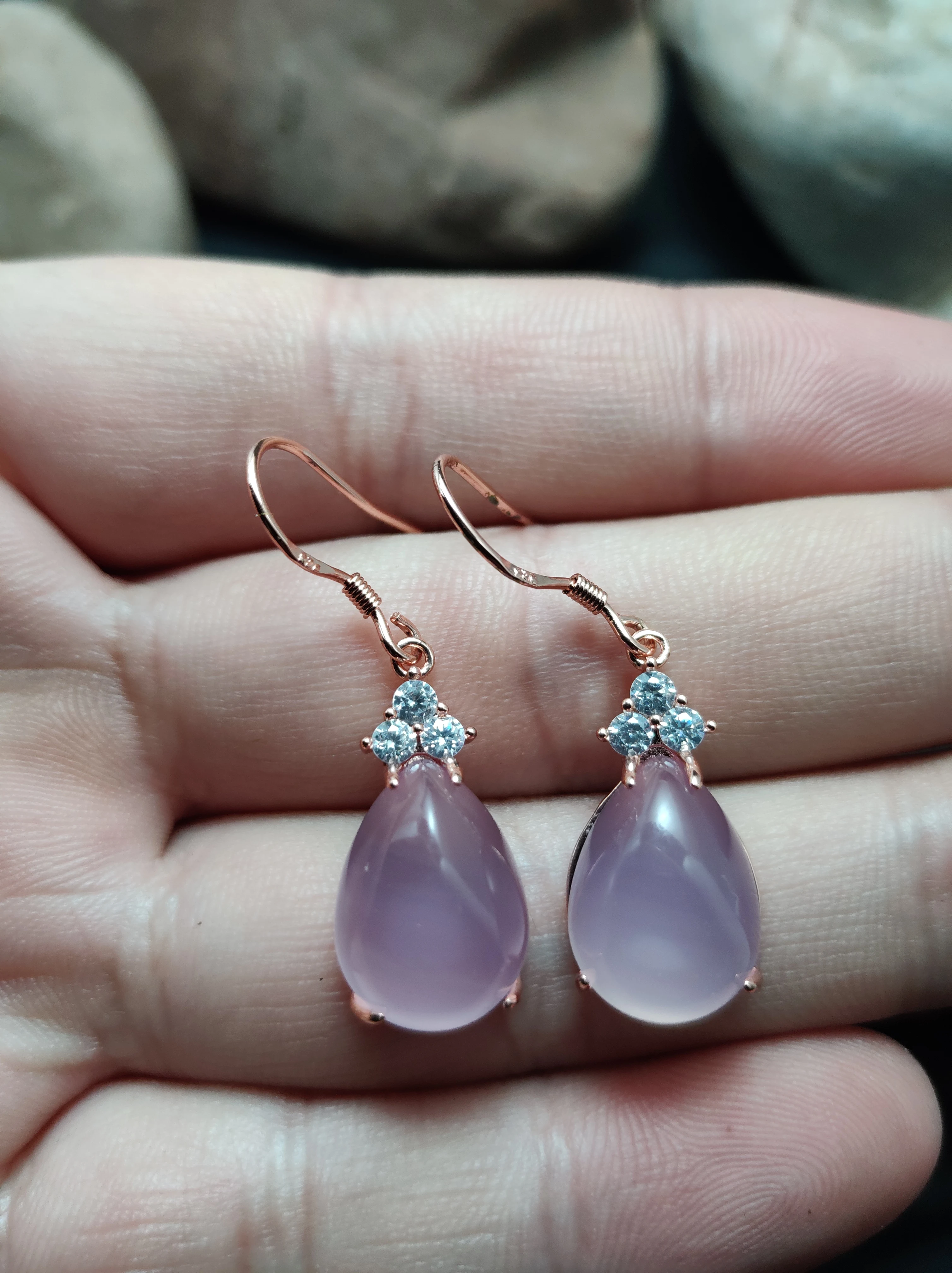 

Natural S925 Pink Chalcedony Silver Plated Sweet Lady Agate Ice Water Drop Earrings Round Gemstone