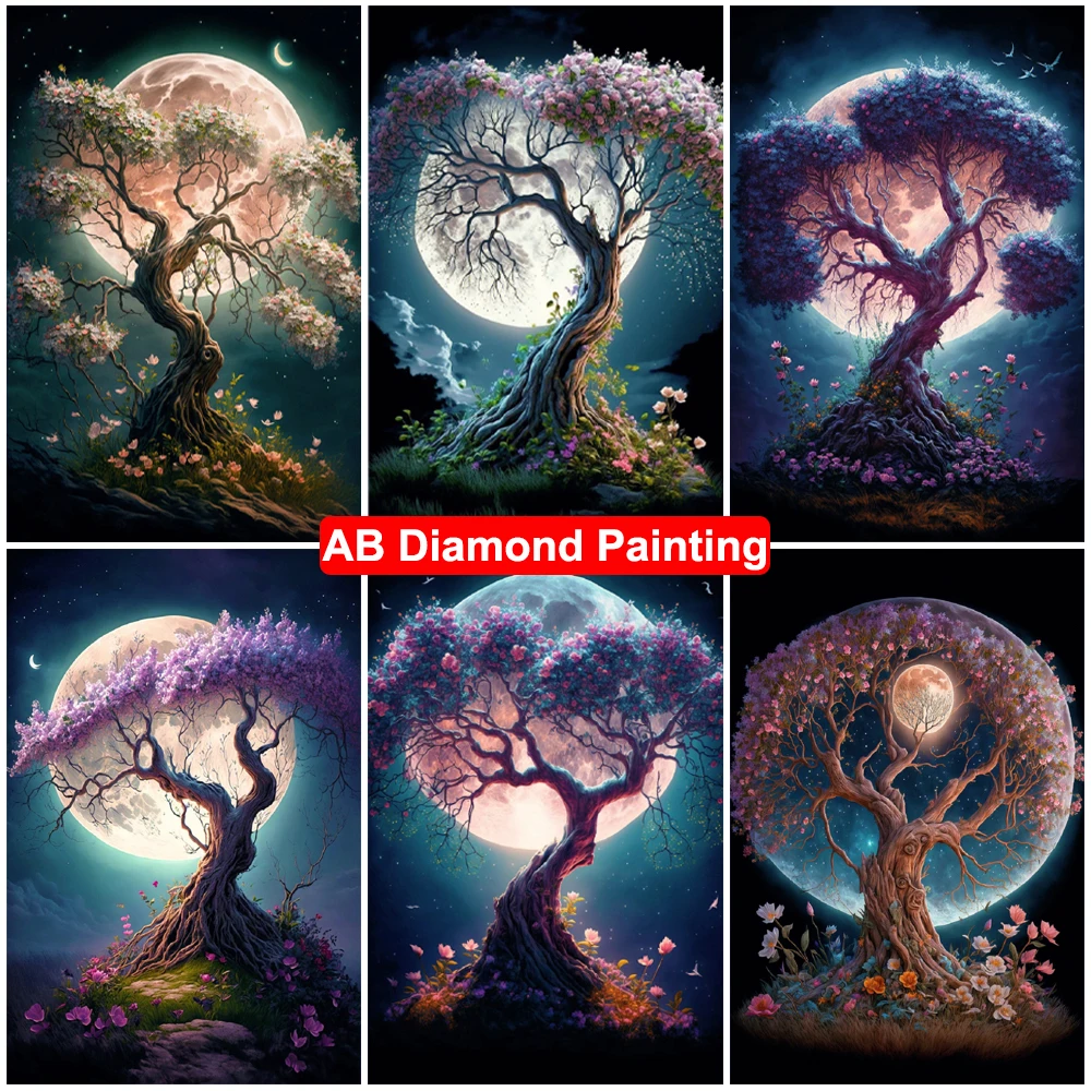

Алмазная живопись AB Drill, луна, дерево, 5D, DIY искусство, пейзаж, мозаика, фотография, домашний декор стен, подарок
