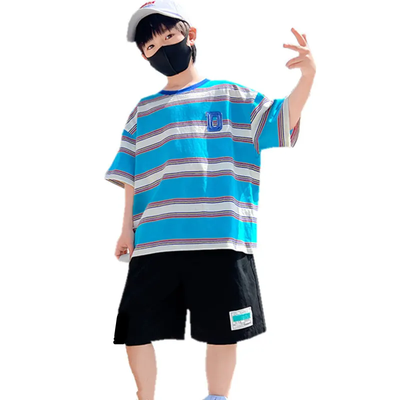 Big Boys Clothes Summer 2022 Sport Outfits T-Shirt+Shorts 2 PCS Kids Striped Print Children Clothing Sets Teen 6 8 9 10 12 14Yrs