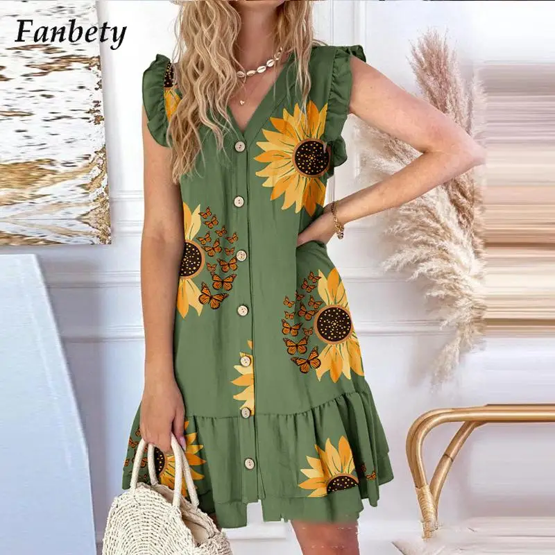 

2022 Summer Fashion Pattern Print Party Dress Women Sexy V-Neck Irregular Dress Office Lady Elegant Butterfly Short Sleeve Dress