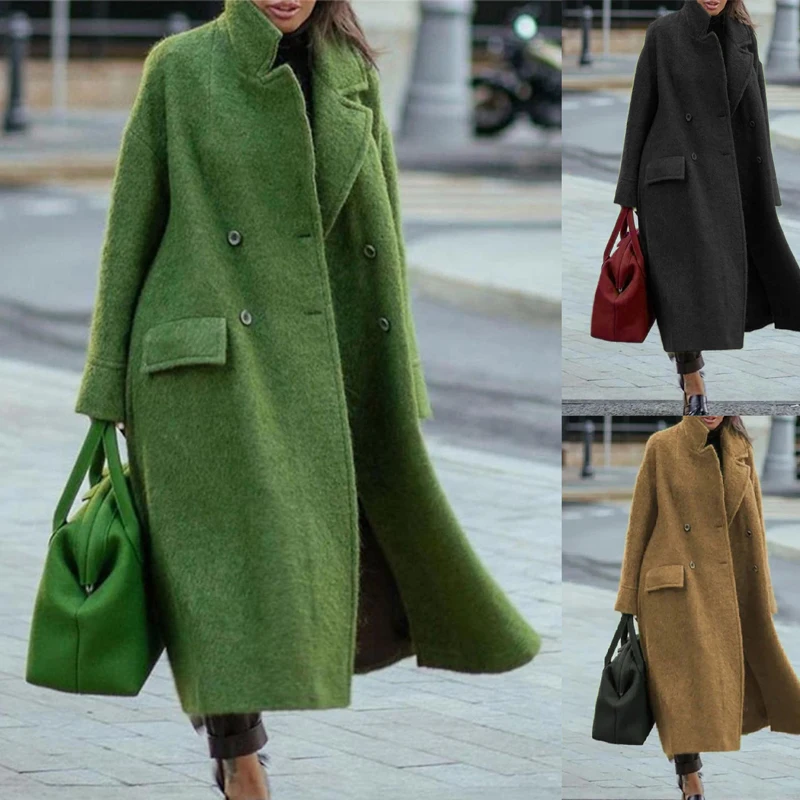 

Осенне-зимняя Длинная шерстяная куртка, однотонная, ярко-зеленая, свободного кроя, без пояса, с лацканами, длинная куртка