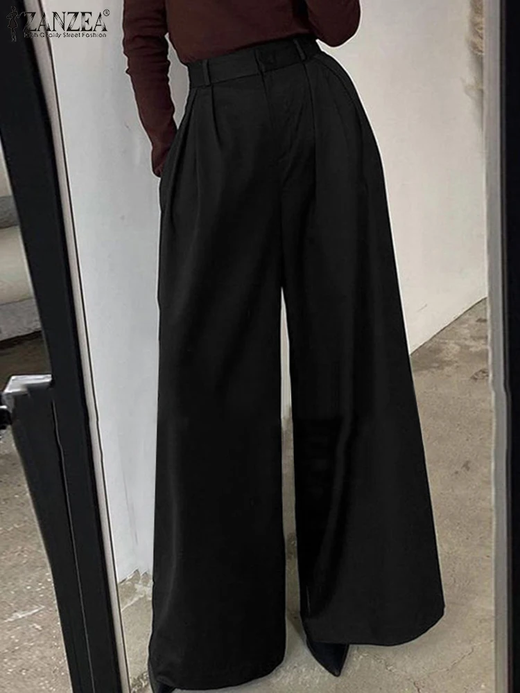 

ZANZEA Elegant Wide Leg Elastic Waist Pants 2022 Spring Oversize Office Capris Slim Party Overalls Women Casual Solid OL Trouser