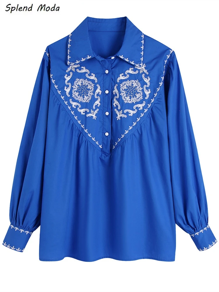 

Splend Moda ZA Spring Summer New Women OL Fashion Casual Vintage Contrast Color Embroidered Long Sleeve Poplin Loose Shirt Women