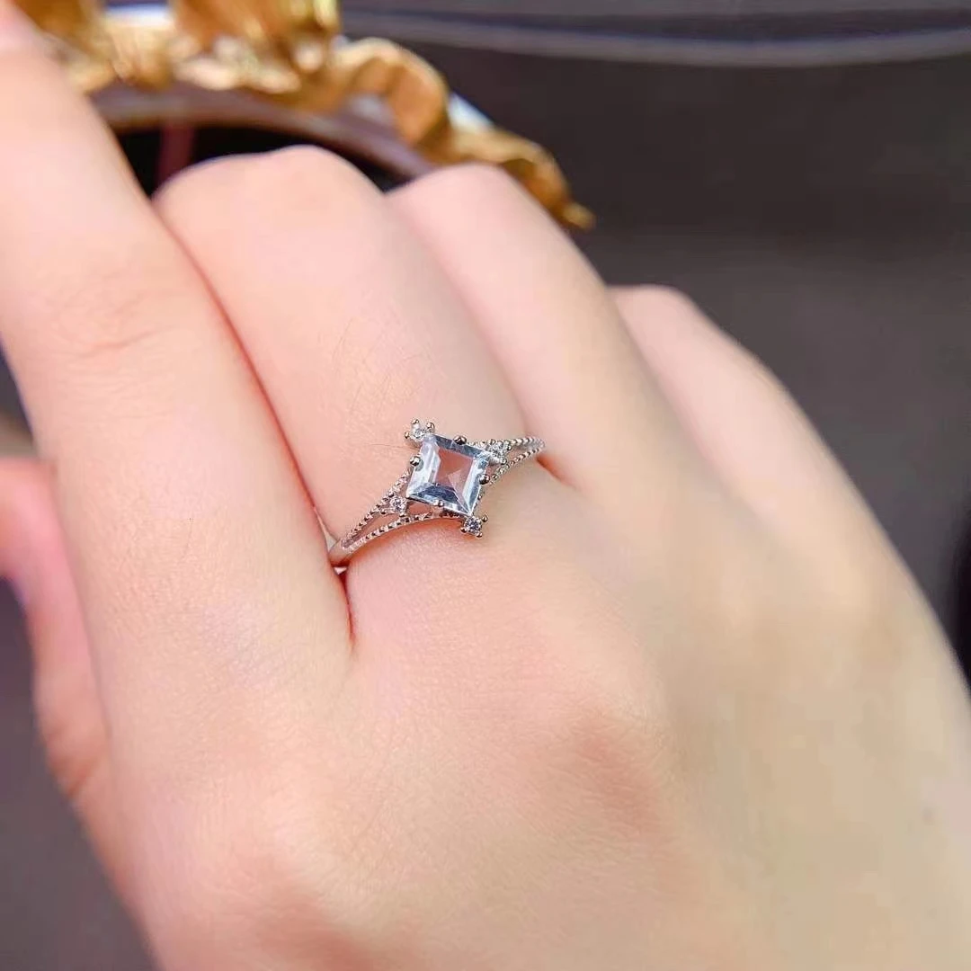 Vintage Silver Gemstone Ring 5mm Princess Square Cut Natural Aquamarine Ring 925 Silver Aquamarine Jewelry (art.: 3920bb6e7f2cf) - 3920bb6e7f2cf