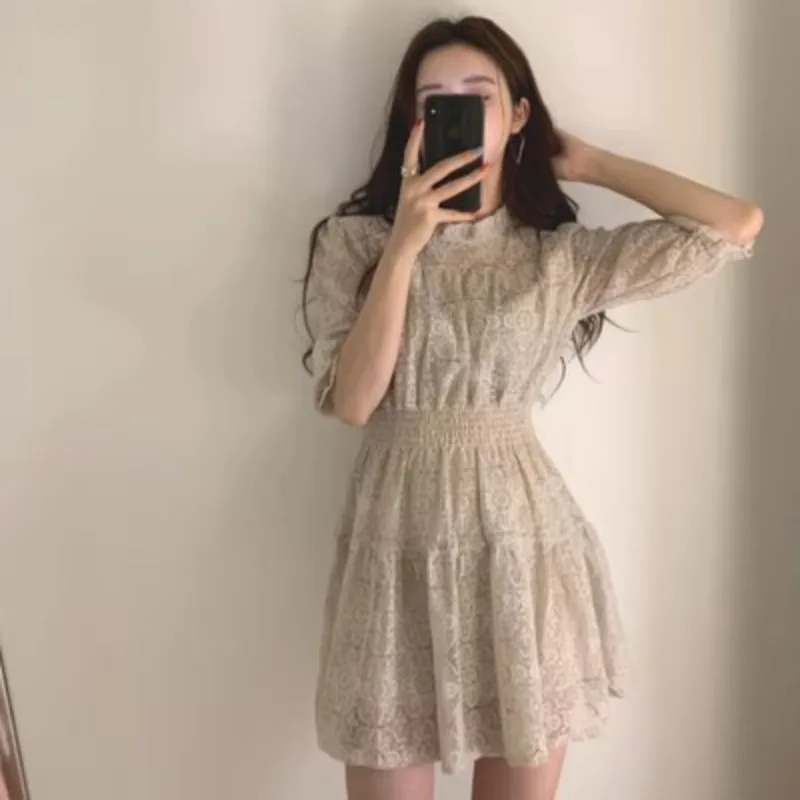 

Summer Princess Elegant Lace Dress For Women Bodycon Vestidos High Waist Ruffle Mini Dresses Short Sleeve Casual