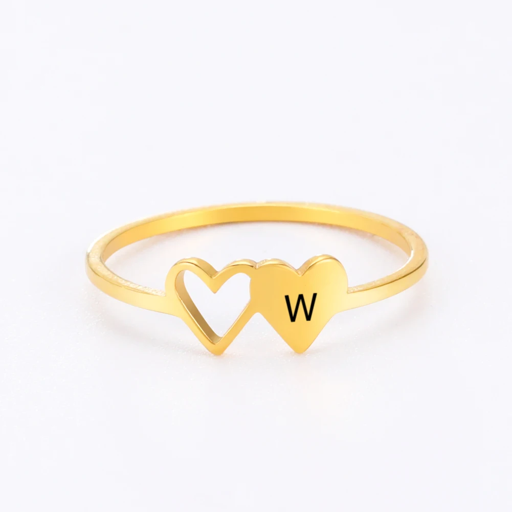 

Hand Stamped Stacking A-Z 26 Letters Initial Name Rings for Women Gold Color Hollow Tiny Heart Finger Rings Jewelry For Couple