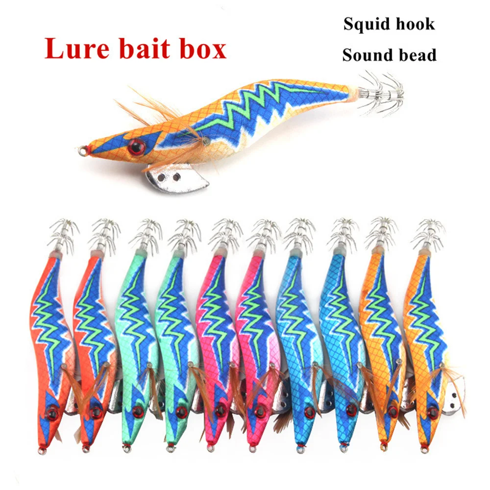 

10Pcs 11.4/12cm Squid Bait Wooden Shrimp Lead Jig Hook Fishing Octopus Lure Cuttlefish Artificial Luminous Jigging Lure With Bag