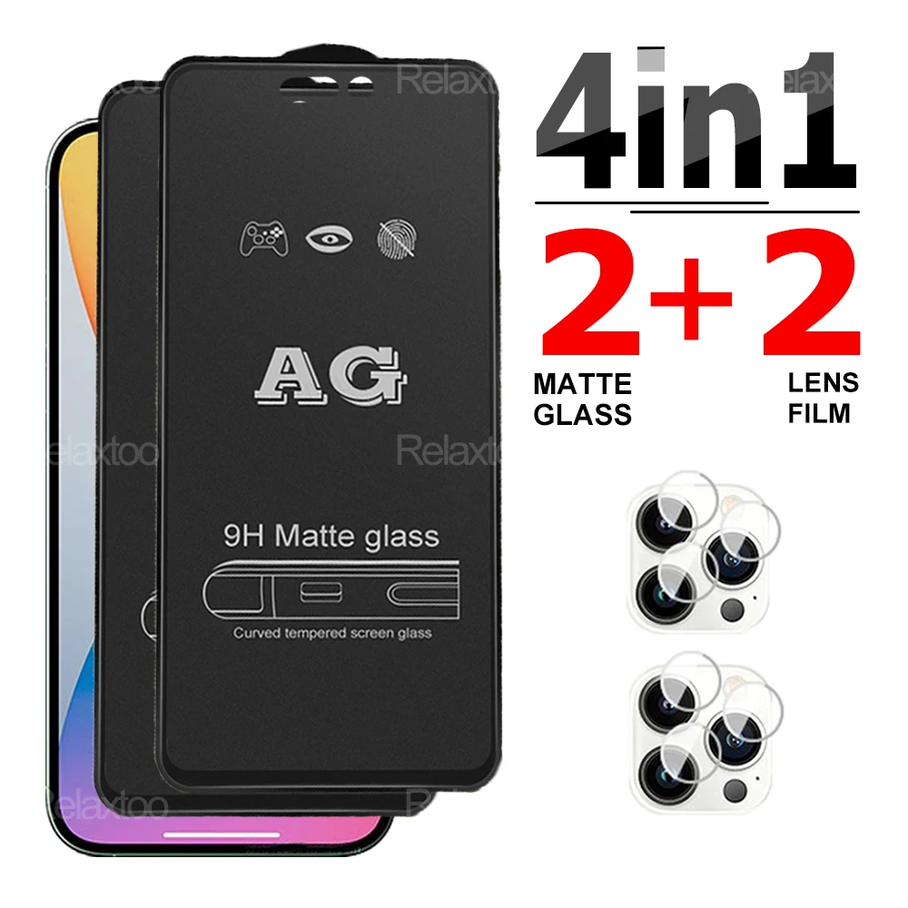

4 в 1, матовое закаленное стекло для iPhone 14, 12, 13 Pro Max, шелковая Защита экрана для iPhone 8, 7 Plus, полное покрытие, HD-стекло для объектива камеры