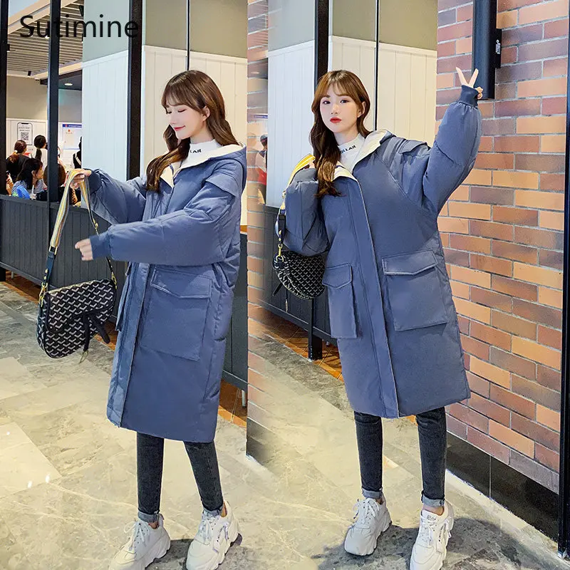 Long Down Jacket Women's College Style Thickened Loose Cotton Jacket Black Office Lady Winter Coat for Women Hooded Coat Women