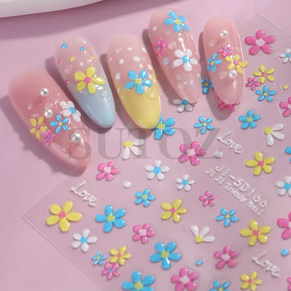 5D милые красочные цветы наклейки для дизайна ногтей тисненый цветок лето весна