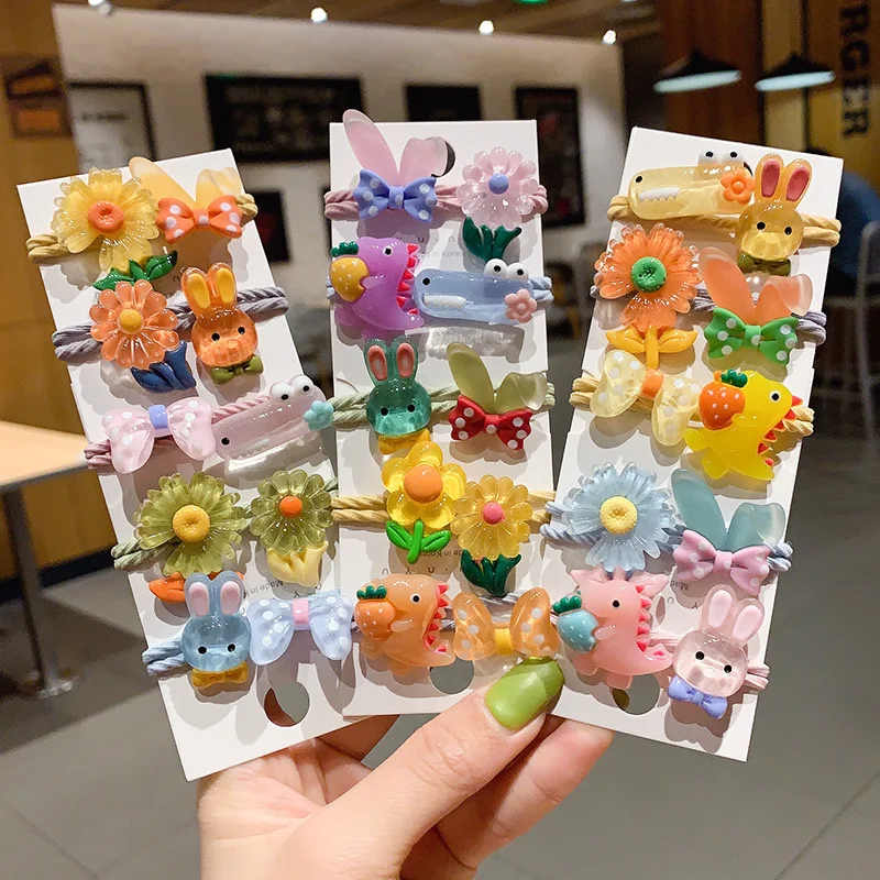 

5PCS/Set Korean Cute Cartoon Plastic Rabbit Flower Dinosaur Elastic Hair Band For Girl Child 3CM Diameter Rubber Hair Tie Gift