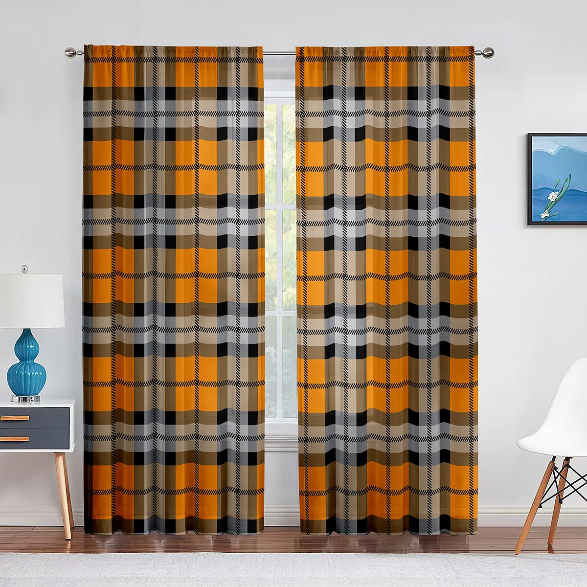 

Checkered Retro Black Yellow Striped Tulle Window Curtains for Living Room Kitchen Drapes Chiffon Bedroom Voile Sheer Curtain