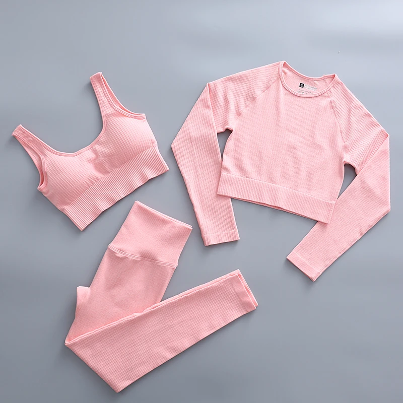 2/3/4PCS Yoga Set For Women Seamless Workout Gym Wear Fitness Sports Clothes Suits High Waist Leggings Long Sleeve Crop Top - купить по