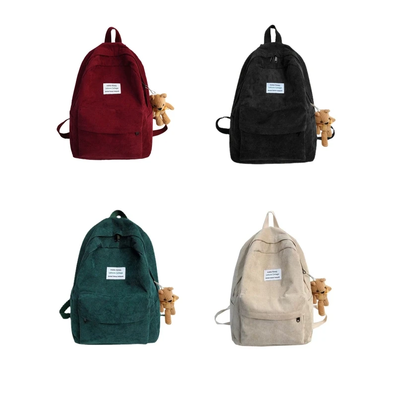 

Women Casual Corduroy Backpack with Cute Pendant School Bag Travel College Daypack Female Girls Rucksack Handbags