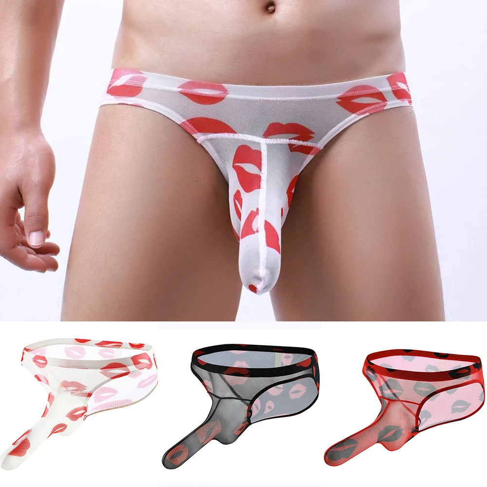 

Men Sexy Mesh See Through Underwear Lip Printed Valentine Day Elephant Nose Underpant Briefs Briefs Panties Male Erotic Lingerie