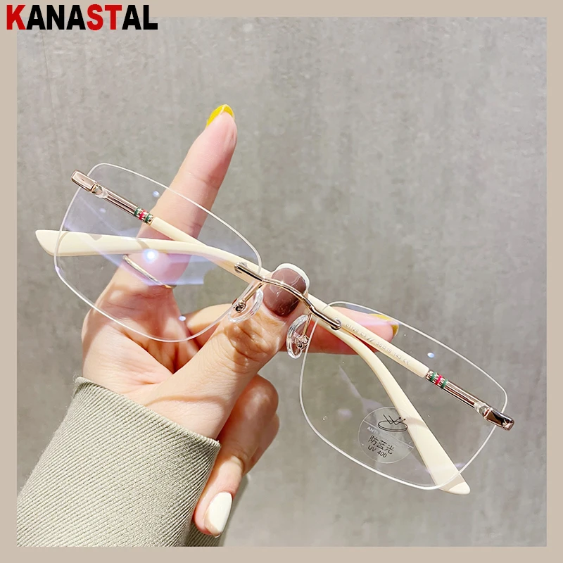 

Wome's Rimless Blue Light Blocking Reading Retro Metal Legs Eyeglasses Frame Men Anti Fatigue Myopia Presbyopic Lens Eyewear