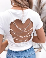 sexy backless pearl chain open back tops women white o neck casual t shirt 2022 summer new fashion short sleeve slim short tee
