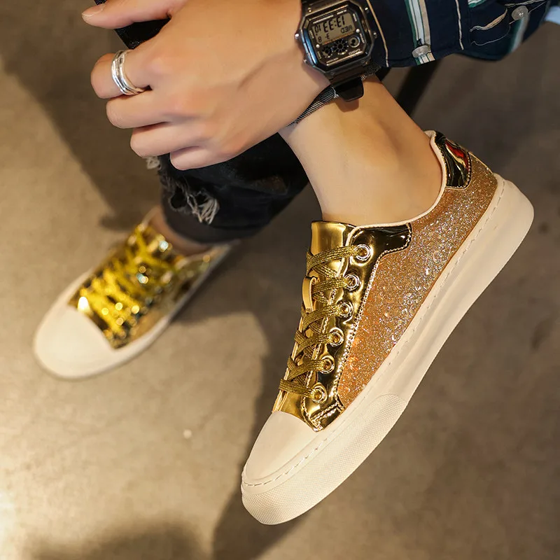 Fashion Golden Men's Sneakers Brand Shoes Glitter Leather Low-cut Designer Shoes Skate Luxury Sneakers for Men Zapatillas Hombre