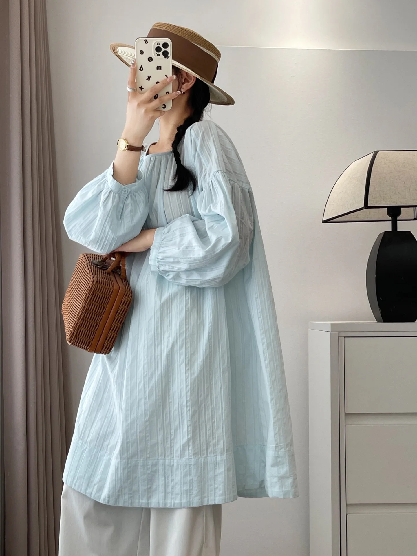 Женская хлопковая рубашка с длинным рукавом полосатая блузка круглым вырезом