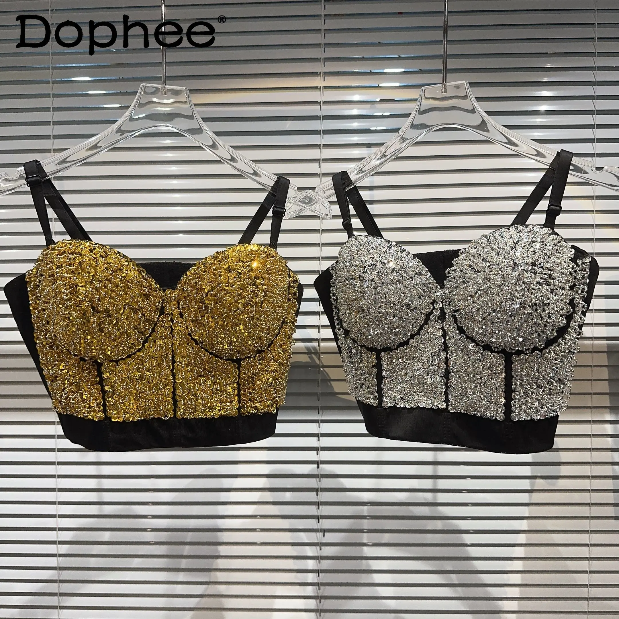 

Heavy Beaded Sequined Fishbone Hot Girl Chest Pad Strap Tube Top Bras 2023 Summer New Nightclub Seaside Vacation Camisole Tops