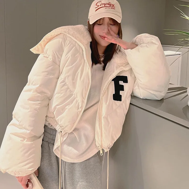 Women's Clothing Fall and Winter New Lapel Patch Embroidery Long-Sleeved Cardigan Drawstring Sweet Street Beat Bread Clothes