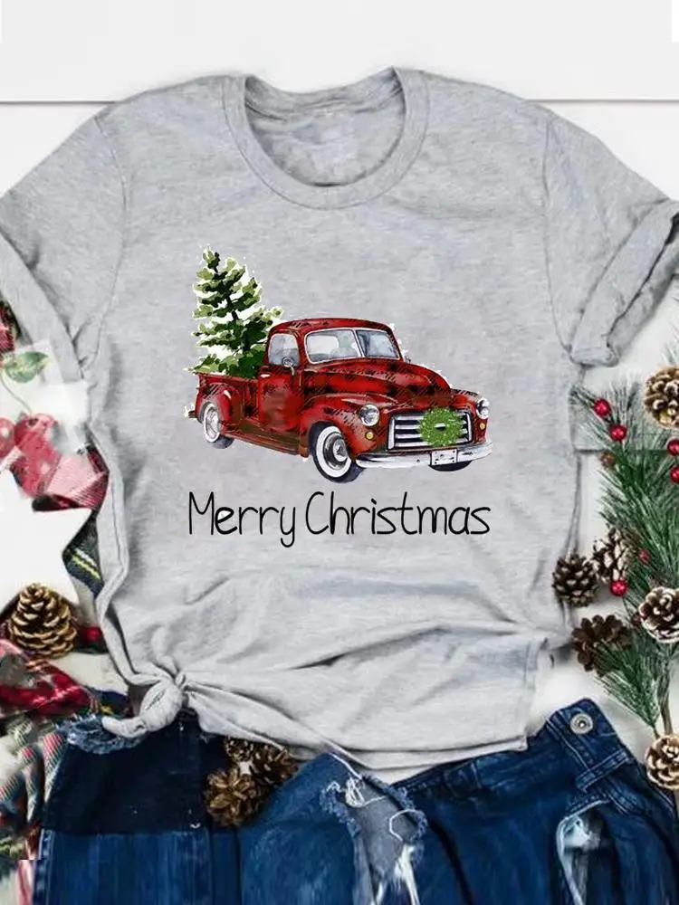 

Tee Fashion Graphic T-shirt Merry Christmas Happy New Year Cartoon Lovely Style Cute Women Basic T Shirt Clothes Top Clothing